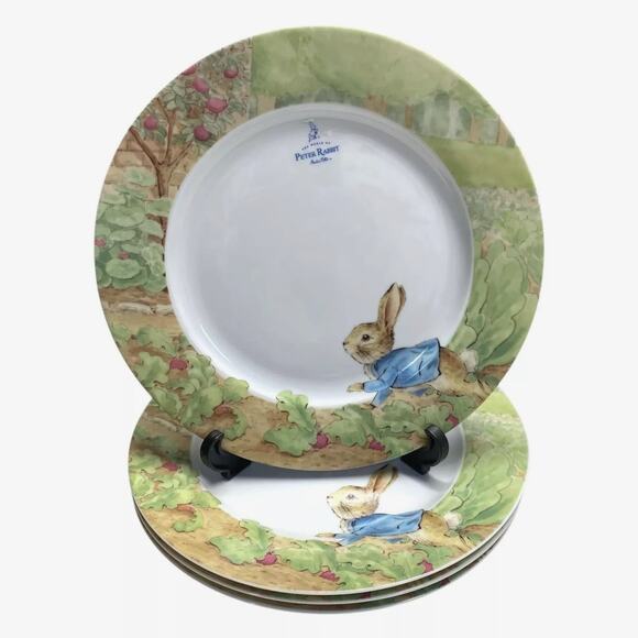 4pc Beatrix Potter Peter Rabbit Easter Bunny 10.5in Dinner Plates Spring Garden - Picture 3 of 10